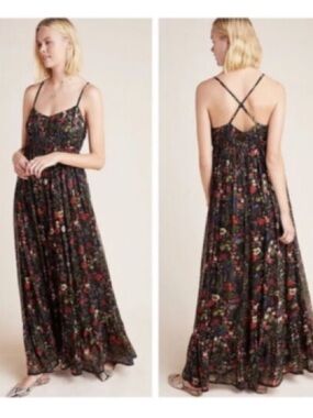 Anthropologie Black Floral Maxi Dress with Crisscross Straps